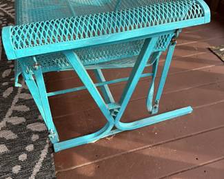 P7 - $375. Blue Glider Bench. Measures 64” wide x 28” deep x 32” tall. In Great Vintage Condition! No rust spots noted and glides very nice! Sturdy iron frame and woven seat & back. 