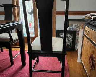 P1 -  $1250. Very good vintage condition! 1970’s Chinoiserie Pagoda Style Dining Table & Eight Chairs From Century Furniture. Designed by Raymond Sobota for the "Chin Hua" Collection. Dining Table (without leaves) Measures 45.5" wide x 75.5" long x 30" tall. 2 Leaves Each Measures 18”. Total Table Length 111”. Six Side chairs. Each Measure 19" X 18" X 40". Two Arm Chairs Each Measure 23" X 21" X 40"