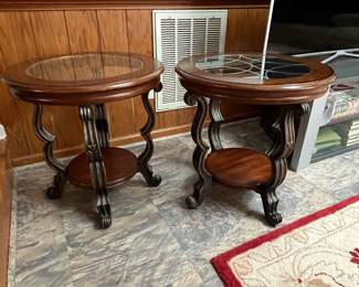 P24 - $60. PAIR of living room side tables. Measures 24” diameter x 24.25" tall. Good used condition. 