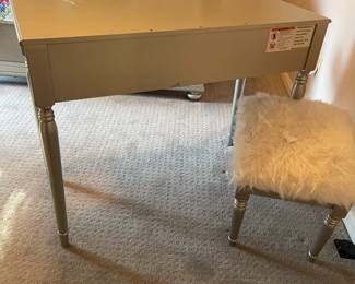 P18 - $75. Silver Desk with Single Drawer & Stool. Measures 38” wide x 17” deep x 29.5” tall. Needs minor repair - see photos. 