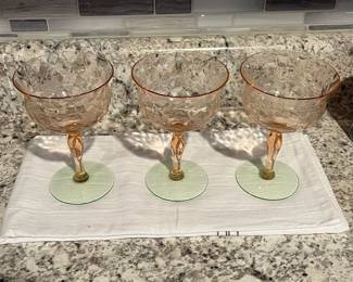 P38 - $30. Watermelon Pink and Green 3 Sorbet 3 Water. Depression Glass. 6 Pieces. 