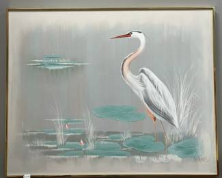 P99 - $250. Lee Reynolds Crane / Blue Heron LARGE framed art. Measures 60.25" x 48.25" framed.  Make sure you can move this in your vehicle!