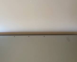 P18 - $75. Silver Desk with Single Drawer & Stool. Measures 38” wide x 17” deep x 29.5” tall. Needs minor repair - see photos. 