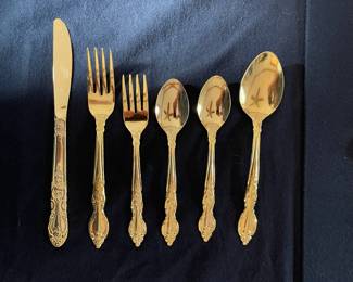 P21 - $75. 6 Piece Service for 8 People. Goldtone Stainless. 