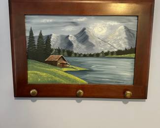 P75 - $25. Wall Hanging Painting, signed R. Robinette, with Hooks to hang leashes or jackets. 