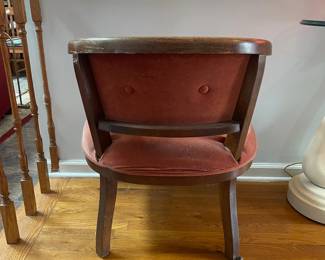 P34 - $85. Single Barrel Back Chair with pink velour seat. Measures 25” wide x 20” deep x 28” tall.