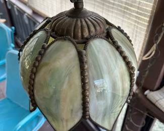 P6 - $95. Vintage Slag Glass Tulip Pendant Light. (Needs rewired! Plug in lamp not hardwired fixture.) Measures 11” wide. No issues noted with the glass petals. 