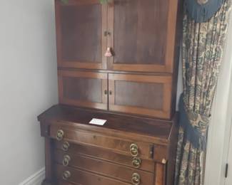 004 – Antique Secretary Desk & Bookcase, drop-front, 4 bottom drawers – 85 x 22 x 46