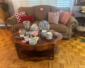 Blue onion, blue, and white dishes