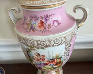 Antique Hand Painted Dresden  Covered Urn