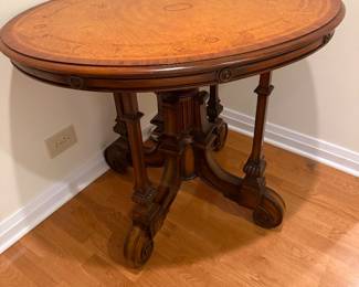 Maitland Smith Burr Walnut Marquetry Inlaid Top, Carved Pedestal Card Game or Breakfast Table
