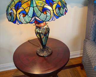 Faux Tiffany Table Lamp, Mahogany Side table