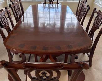 Antique 19 th English Mahogany Dining Table, Carved Arm/Side Chairs, 3 Leaves