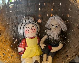 1960’s 70’s pair grandma and pa dolls 
Large old splint basket ( no handles )
