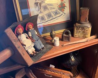 Advertising Tins
Wooden and metal scoop 
Wooden cigar mold 
Wooden stirrup