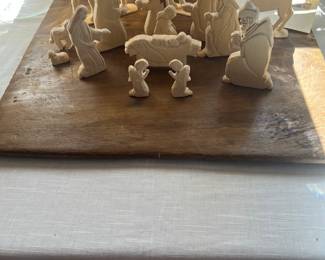 Early wooden dough board 
Carved nativity 