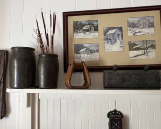 Barns collection picture 
2 Tenn crocks 
Cast iron match holder 