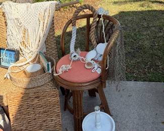 Golden Girl Boho Barstool, shells on a rope, pendant light fixture