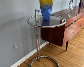 Eileen Gray Adjustable Height Chrome & Glass Rounded Side Table - Model E1027 (20"D x 25"/37-1/2"H)