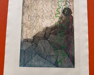 Original Mixed Media on Paper of Girl on Rocks Signed (15"W x 20"H)