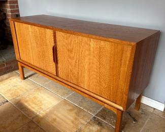 Teak Tambour Doors / 4 Indoor Fabric Lined Extension Shelved Buffet / Media Cabinet (59"W x 19"D x 31-1/2"H)