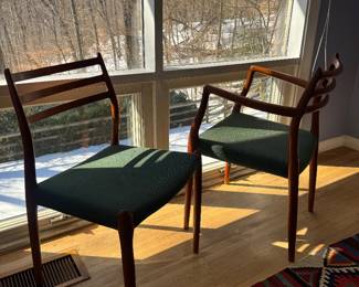 Mobelfabrik Denmark Model 78 "Horned" Teak Dining Chairs with Linen Upholstered Seats Designed by Niels Otto Møller (19-1/2"W x 19-1/2"D x 31-1/2" Back Height) 2 Armchairs / 4 Side Chairs 