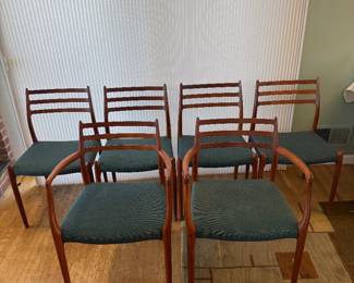 Mobelfabrik Denmark Model 78 "Horned" Teak Dining Chairs with Linen Upholstered Seats Designed by Niels Otto Møller (19-1/2"W x 19-1/2"D x 31-1/2" Back Height) 2 Armchairs / 4 Side Chairs 