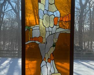 Teak Framed Tiffany-style Stained Glass Abstract Fall Scene Signed Barbara & Tom Lucke 1984