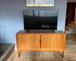 Teak Tambour Doors / 4 Indoor Fabric Lined Extension Shelved Buffet / Media Cabinet (59"W x 19"D x 31-1/2"H)