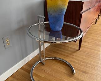 Eileen Gray Adjustable Height Chrome & Glass Rounded Side Table - Model E1027 (20"D x 25"/37-1/2"H)