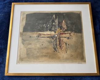Framed Original Abstract Aquatint Etching on Paper "Vol d'Oiseaux (Flight of Birds)" Signed Johnny Friedlaender- Edition 25/85 (31"W x 27"H) 
