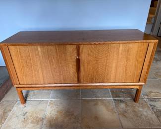 Teak Tambour Doors / 4 Indoor Fabric Lined Extension Shelved Buffet / Media Cabinet (59"W x 19"D x 31-1/2"H)