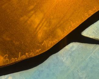 Teak Framed Tiffany-style Stained Glass Abstract Fall Scene Signed Barbara & Tom Lucke 1984