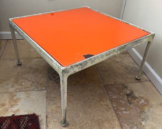 MCM Knoll Side Table with Metal Orange Enameled Top & Aluminum Base Designed by Richard Schultz (28"W x 28"D x 16"H)