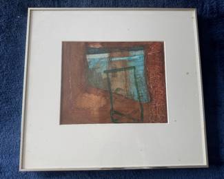 Framed Original Mixed Medium Abstract on Paper Signed AJ (15"W x 14"H)