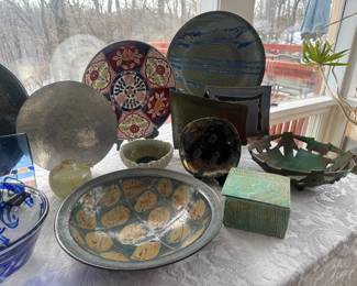 Large Collection of Stoneware, Glass & MCM Signed Pottery & Plates