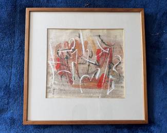 Framed Original Gouache Drawing Over Transfer Print "Ensemble" Signed Betty Wells '62 (11"H x 12"W)