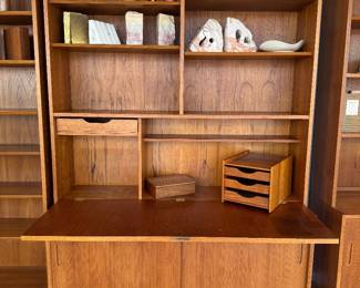 Vintage Teak Modular 1 Drawer / Secretary Drop Leaf Shelving Unit (Top- 12"D x 54-1/2"W x 50-1/2"H) with Hundevad & Co. Teak Lower Dual Sliding Door Cabinet (Lower - 17"D x 54-1/2"W x 26-1/2"H) 
