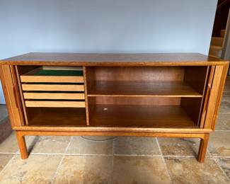 Teak Tambour Doors / 4 Indoor Fabric Lined Extension Shelved Buffet / Media Cabinet (59"W x 19"D x 31-1/2"H)