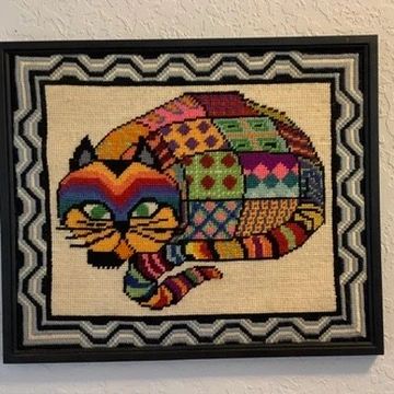 Cross stitch patchwork cat framed art