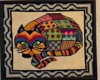Cross stitch patchwork cat framed art