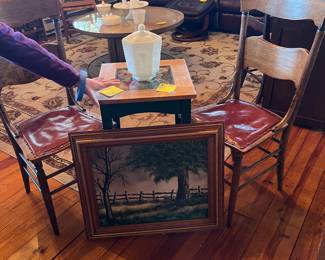 Artwork, end table, antique chairs