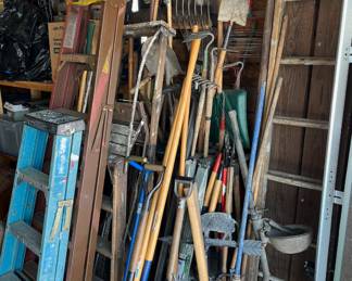Lots of Hand tools, antique hand tools, ladders, and more