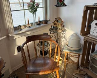 Antique chair, crock chicken feeder/waterer
