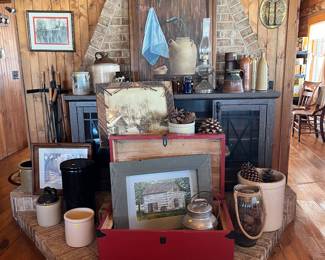 Artwork, crocks, pinecones