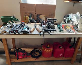 POWER TOOLS SANDERS,DRILLS, GAS CANS, CHAIN SAW, LAWN SPRINKLERS, DELTA RADIAL ARM SAW, JUMPER CABLE