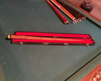 antique hand-carved poolstick with case