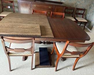 Duncan Phyfe  dining table with custom pads, leaves, 1 arm chair and 5 side chairs