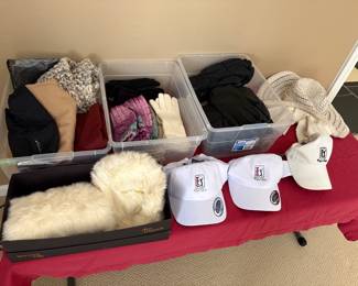 ladies gloves, hats, scarves.  vintage rabbit fur muff and hat