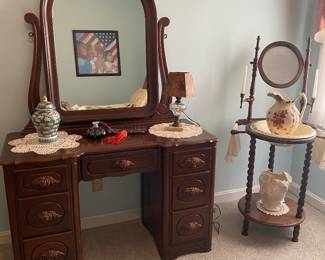Dresser with mirror and vintage wash stand with bowl & pithcer